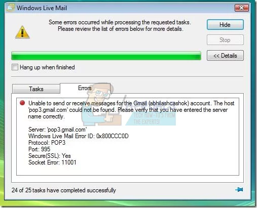 Какая информация содержится в сообщении об ошибке 0x800ccc0d в Windows Live Mail?